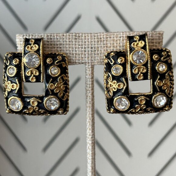 Vintage Dinner at Ten Square Black Enamel Gold Filigree Clip On Earrings 80s - Picture 1 of 7